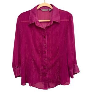 Investments Purple Metallic Quarter Sleeve Button Down Sheer Blouse
